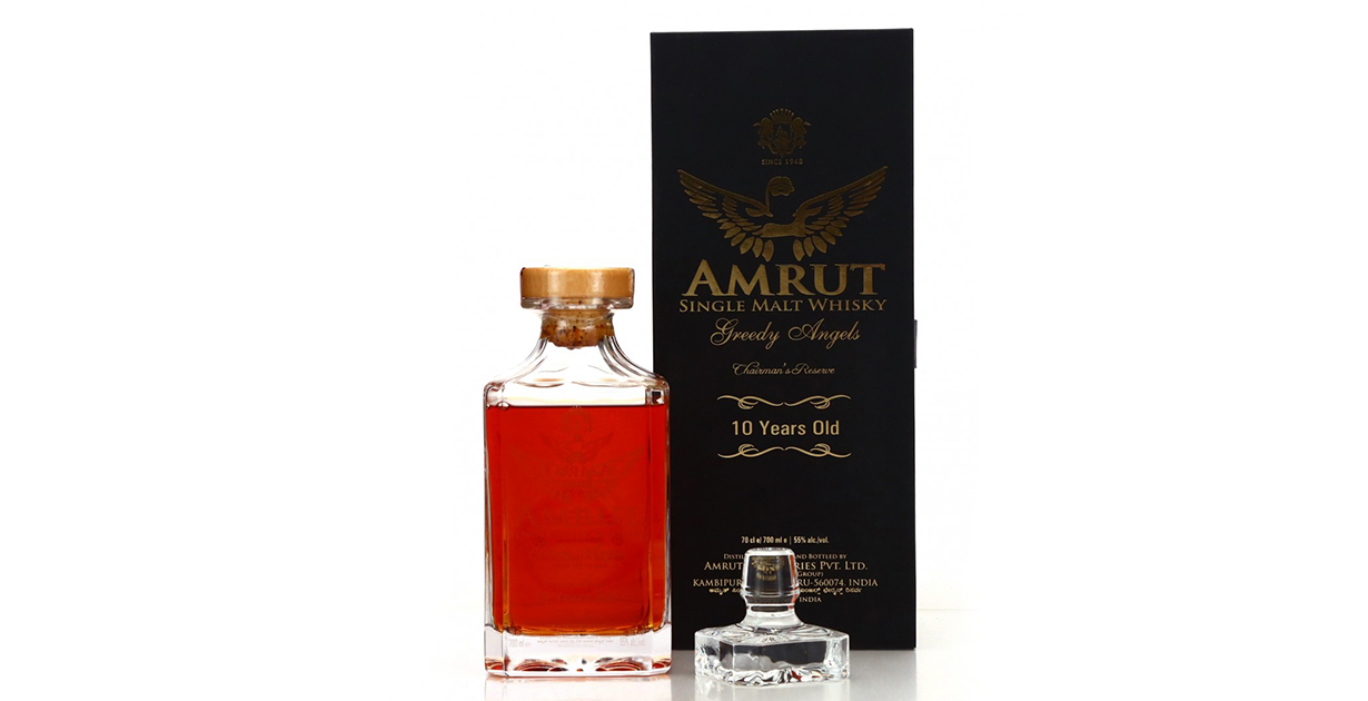 A bottle of Amrut Greedy Whisky 10 Year Old Chairman's Reserve Indian Whisky 