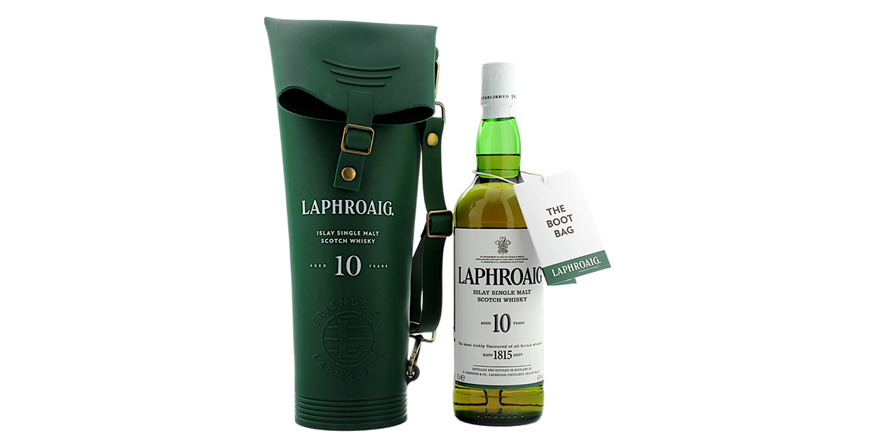 An image of the Laphroaig 10 Year Old with wellie boot bag 