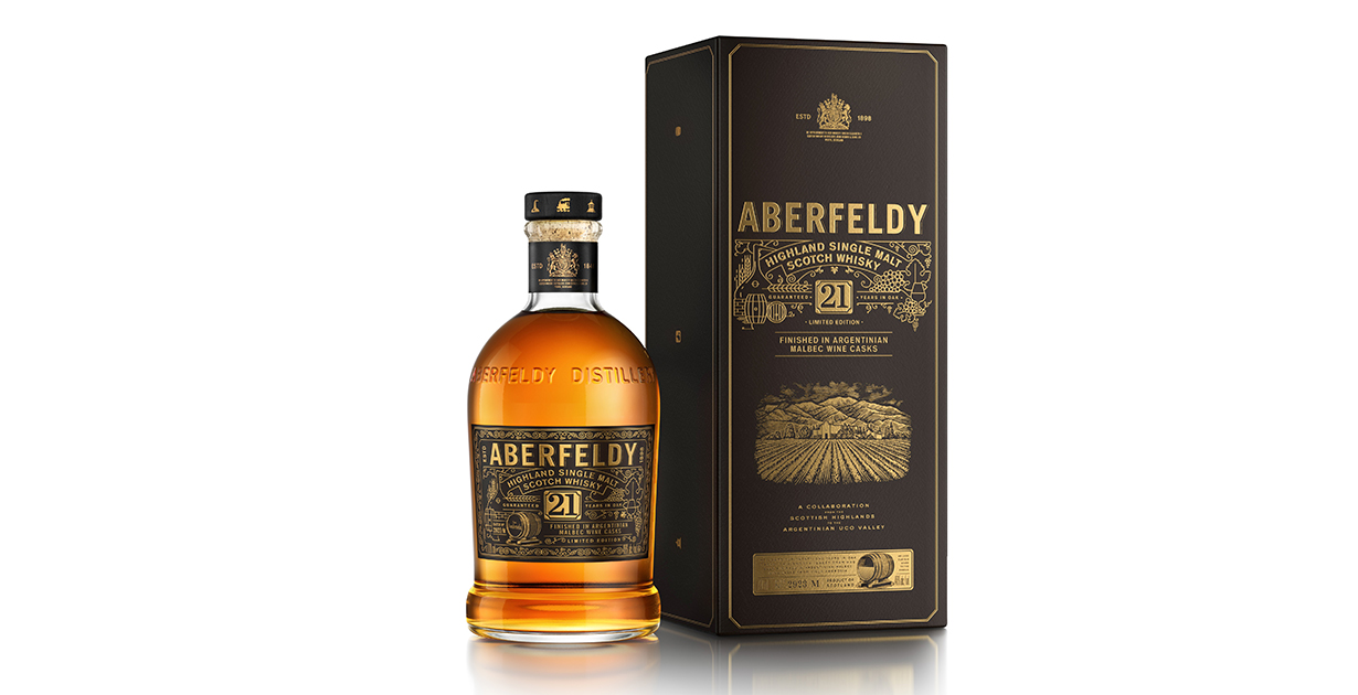 Aberfeldy 21 Year Old Malbec Cask Finish Scotch Whisky bottle next to the box 
