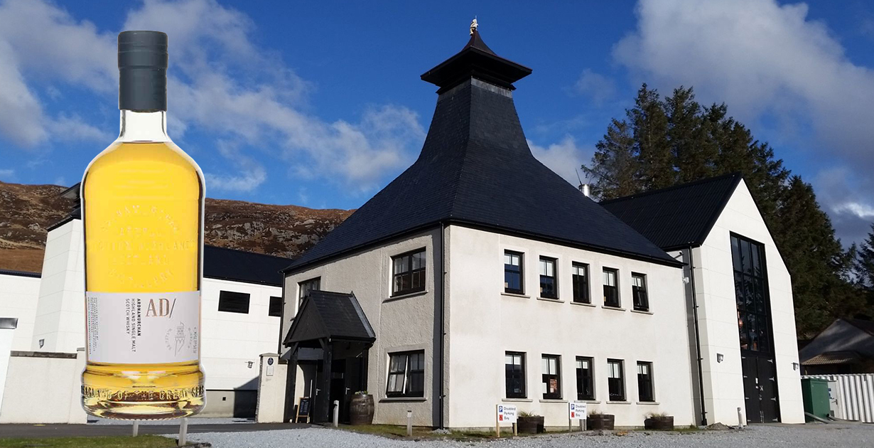 Ardnamurchan Distillery is a relatively new distillery in Scotland. A bottle of Ardnamurchan AD, one of the popular releases, can be seen in the foreground. 