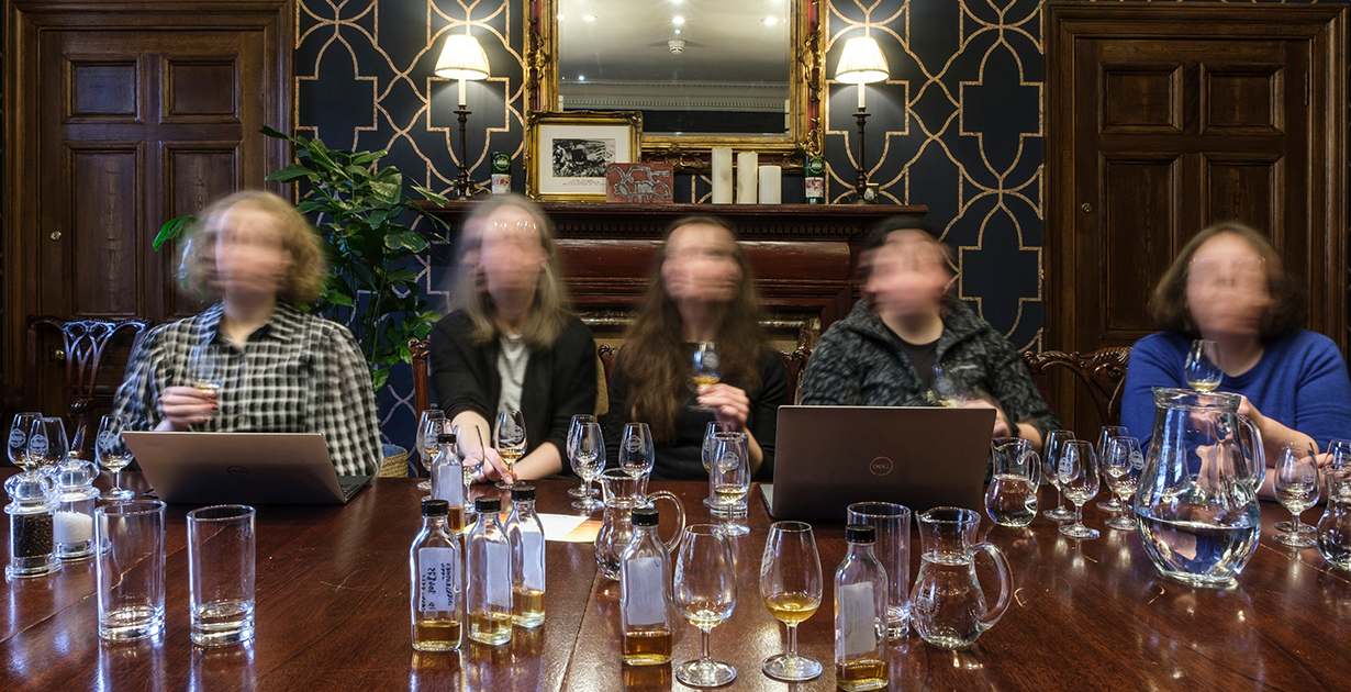 The all-female tasting panel at SMWS. Their faces have been blurred to ensure anonymity. 
