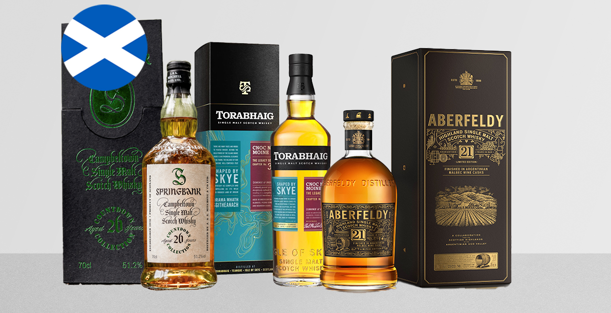 The Springbank 26 Year Old Countdown Collection, The Torabhaig Cnoc Na Moine, and the Aberfeldy 21 Year Old Malbec Cask Finish Scotch Whisky.